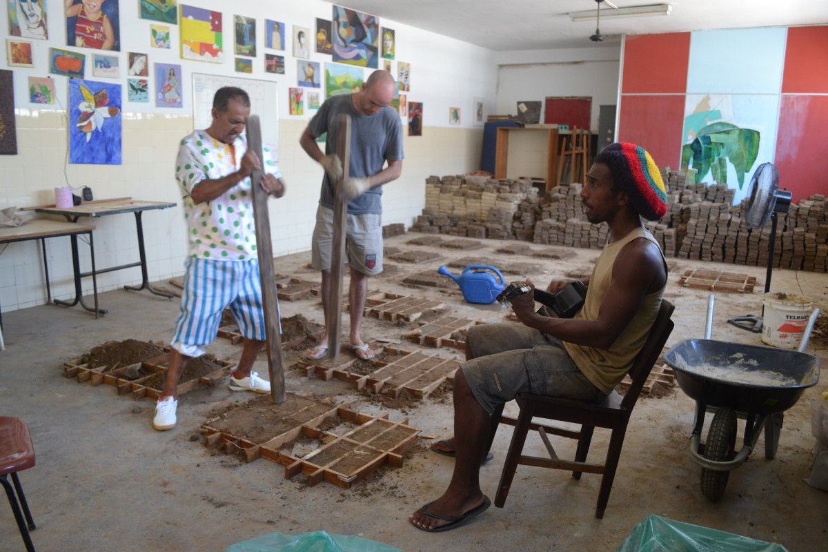 Daniel Murgel. Photos in the atelier/studio during the process of the fabrication of the adobe bricks for the site specific piece <I>Como fazer as paredes da minha casa</I> [How to Make the Walls of My House]. Artistic residency on the occasion of the exhibition Play curated by Marta Mestre and Fernanda Pequeno, mBrac, 2013.